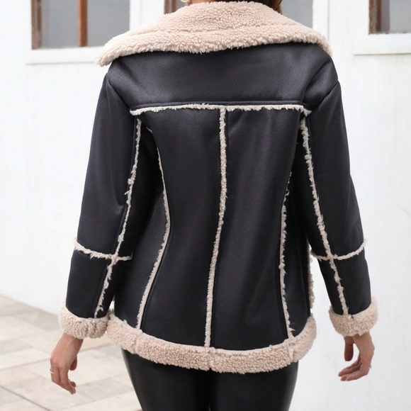 Luxe Vegan Leather Sherpa Lined Bottom Down Jacket Coat - Picture 3 of 4